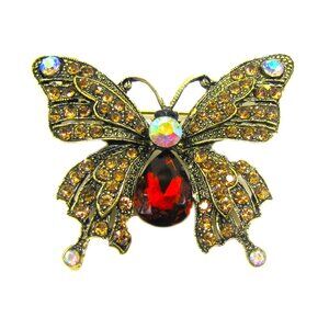 Butterfly brooch pin with brown crystals vintage look design in antique gold